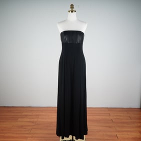 Chado Ralph Rucci Black Strapless Silk Gown w/ Leather Bust Detail