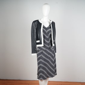 Escada 3pc Polka Dot Leather Trim Jacket, Skirt and Slip
