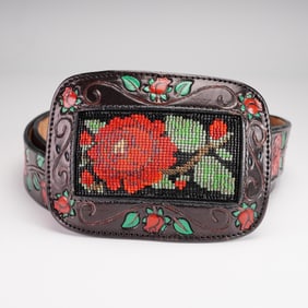 Fred Coen Leather Belt with Beaded Rose Buckle
