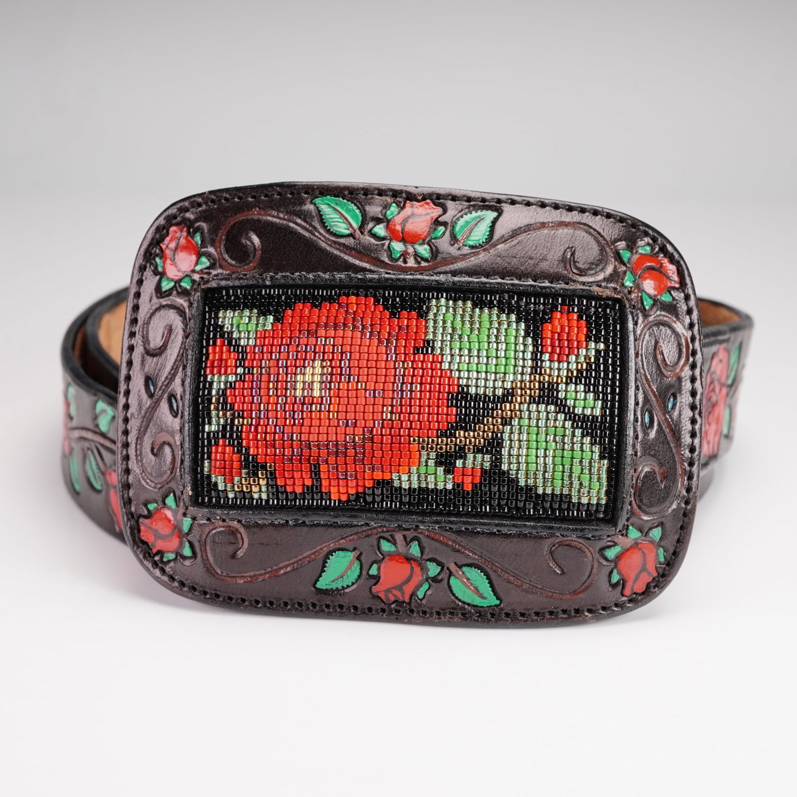 Fred Coen Leather Belt with Beaded Rose Buckle (1 of 4)