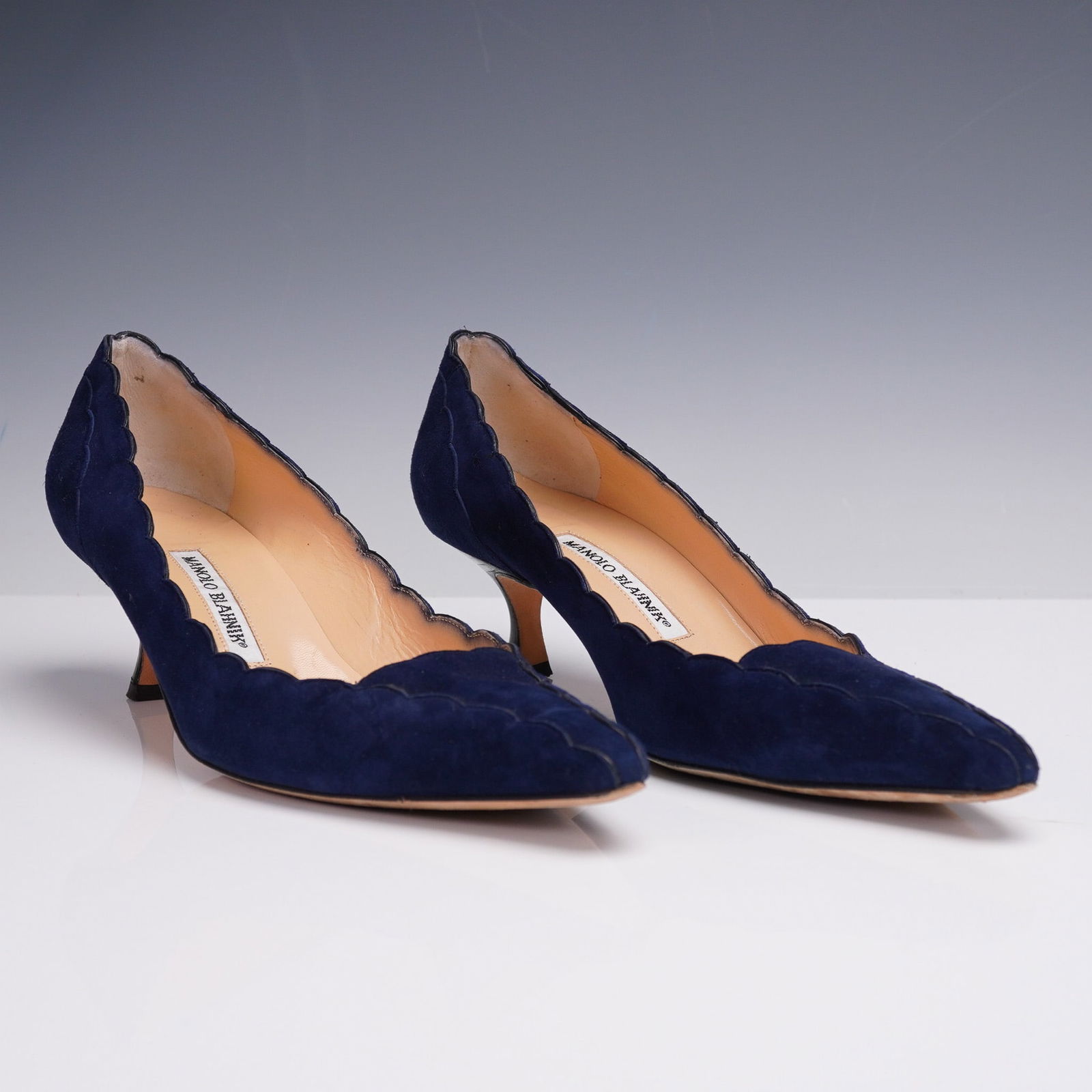 Manolo Blahnik Navy Suede Scalloped Kitten Heel Pumps (1 of 8)