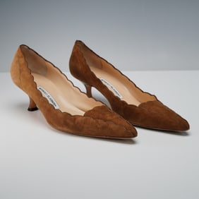 Manolo Blahnik Brown Scalloped Suede Heels