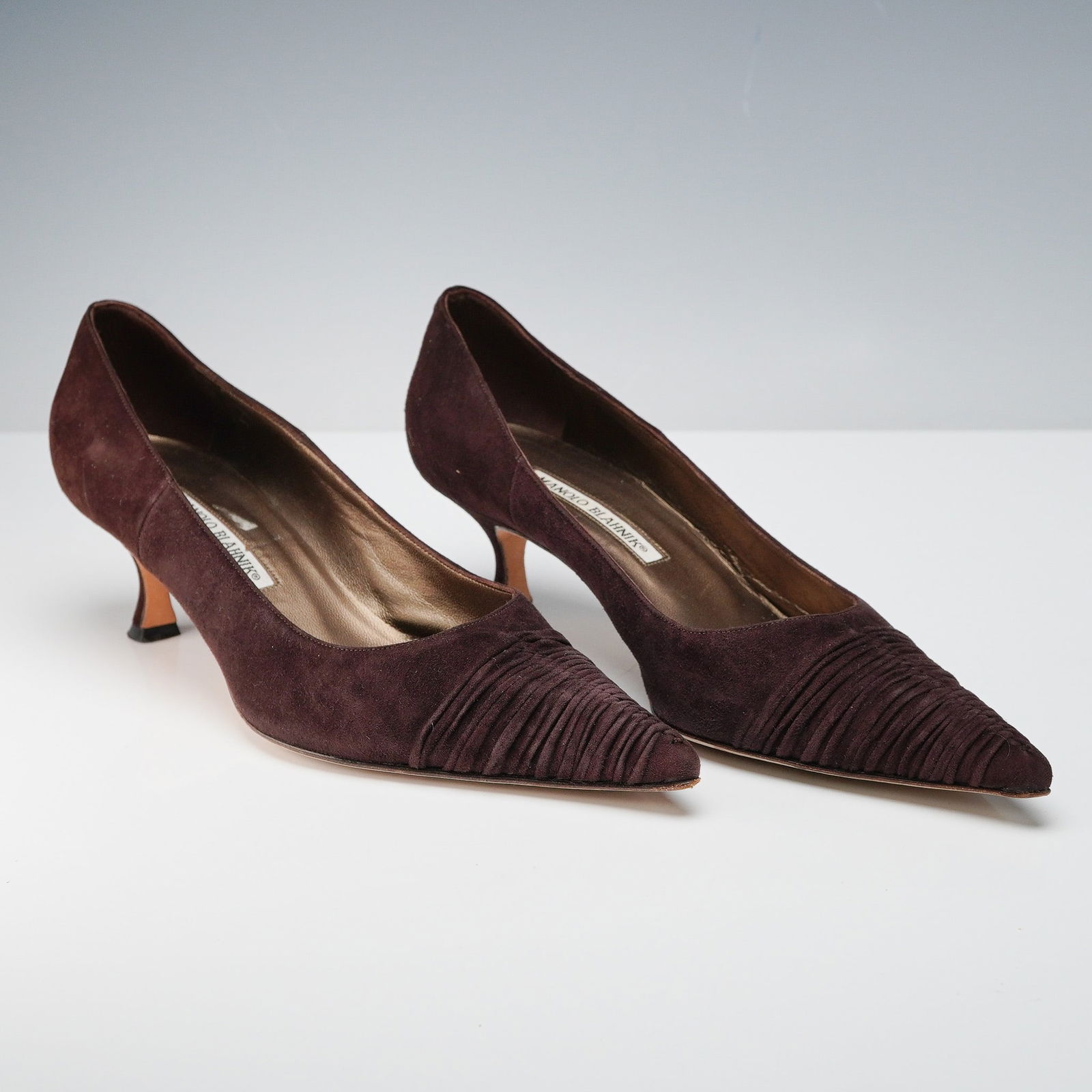 Manolo Blahnik Brown Ruched Suede Heels (1 of 4)