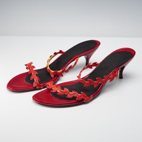 Sigerson Morrison Red Leather Heeled Sandals w/ Leaf Strap Design