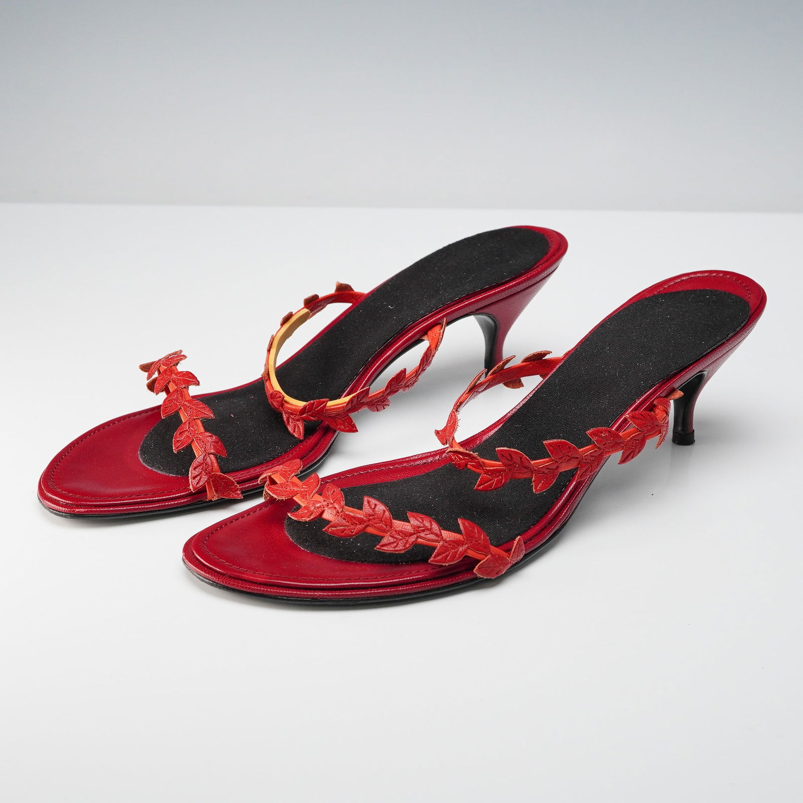 Sigerson Morrison Red Leather Heeled Sandals w/ Leaf Strap Design (1 of 5)