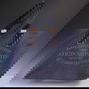 Louis Vuitton Denim Cabas Uni GM Bag: This authentic Louis Vuitton Cabas Uni GM tote bag features the distinctive Articles de Voyage graphic printed in blue on deep indigo denim, accented with natural leather trim and vibrant contrast sti