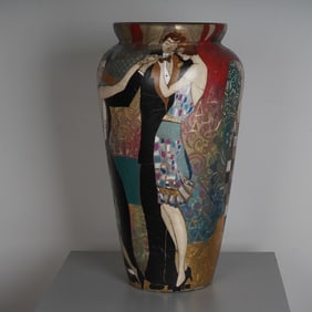 Art Deco Hand-Painted Ballroom Romance Ceramic Vase Signed Augustine