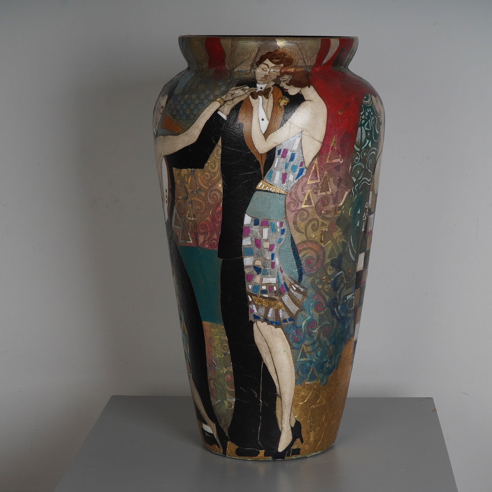 Art Deco Hand-Painted Ballroom Romance Ceramic Vase Signed Augustine (1 of 7)