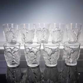 9pc Lalique France Chene Oak Leaf Double Old Fashioned Glasses