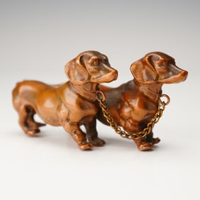 Bronze Figurine, Pair of Wiener Dogs on Chain