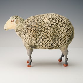 Whimsical Handcrafted Ceramic Sheep Sculpture, Signed