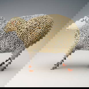 Whimsical Handcrafted Ceramic Sheep Sculpture, Signed: A delightful and unusual handcrafted ceramic sheep sculpture with a stylized wool texture formed by an array of small, circular impressions, lending a distinctively folk-art and textural appeal. The s
