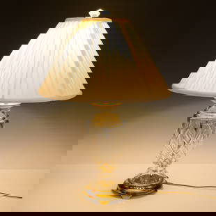 Waterford Crystal Electric Lamp with Shade, Innisfree: Electric table lamp featuring cut crystal body by Waterford in the Innisfree pattern. The body showcases a combination of fan and criss-cross cuts, characteristic of Waterford's traditional design sty