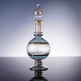 Art Glass Perfume Bottle with Gold Accents and Crosshatch Band