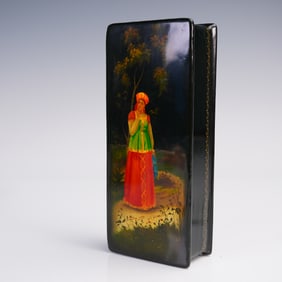 Russian Black Lacquer Hinged Box - Hand-Painted Woman in Traditional Dress