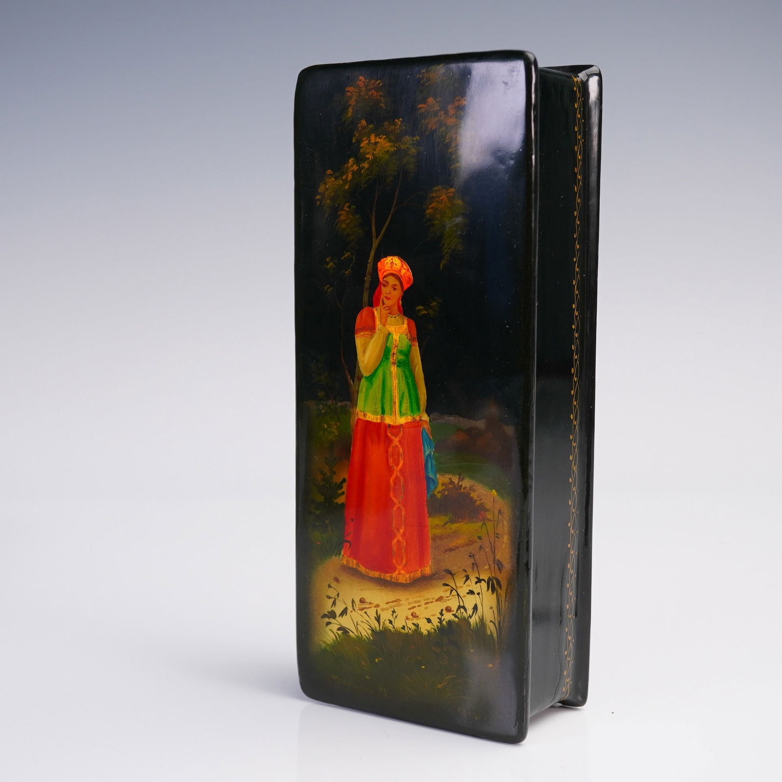 Russian Black Lacquer Hinged Box - Hand-Painted Woman in Traditional Dress (1 of 7)