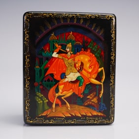Russian Lacquer Box, Hero on Horseback with Castle Backdrop