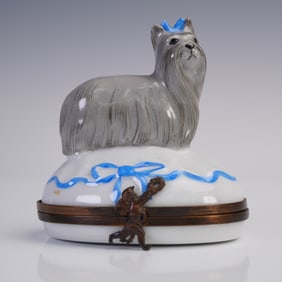 Limoges Porcelain Trinket Box, Yorkshire Terrier with Blue Bow