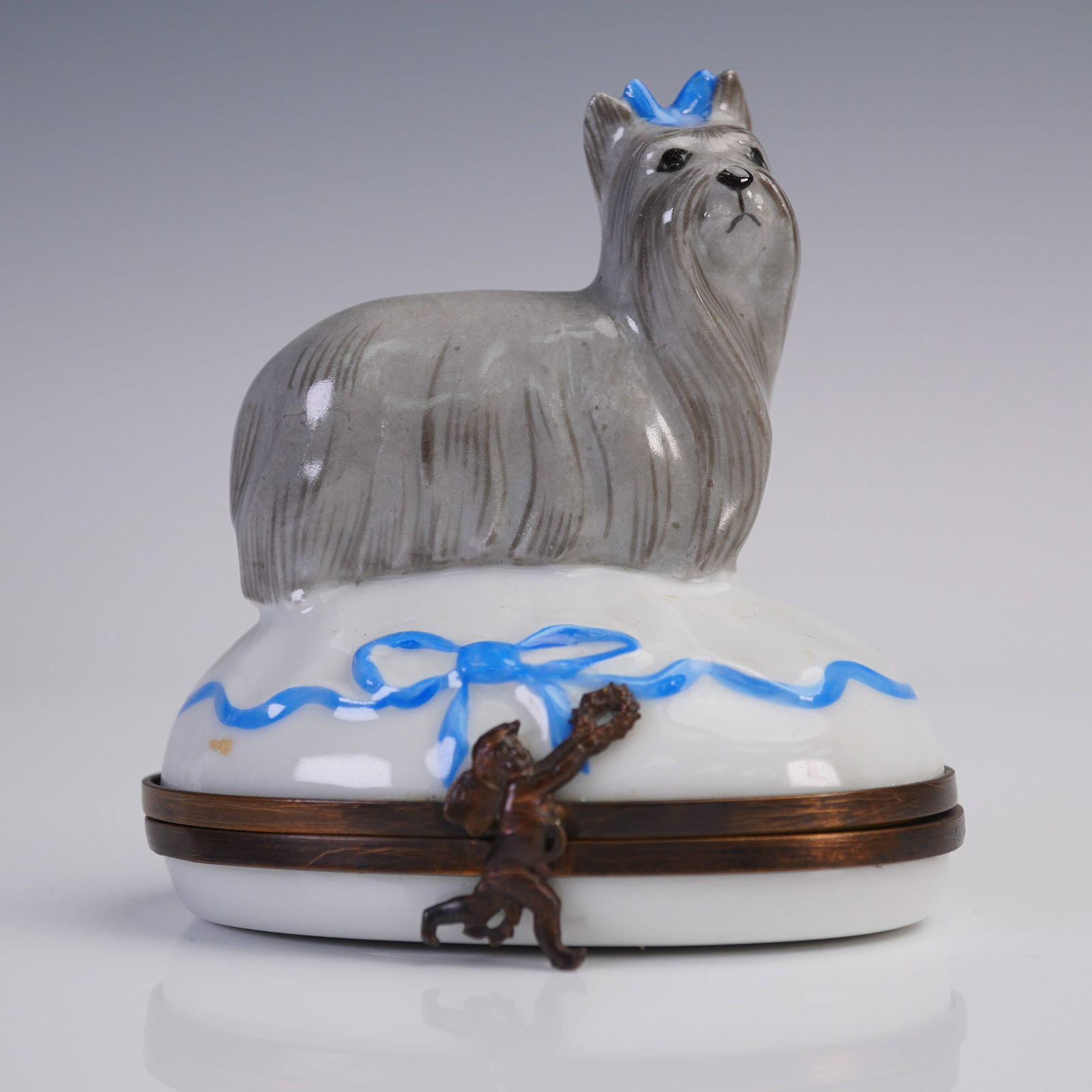 Limoges Porcelain Trinket Box, Yorkshire Terrier with Blue Bow (1 of 8)