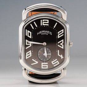 Hermes Rallye Stainless Steel Wristwatch, Black Dial & Leather Band