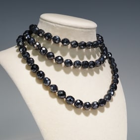 Long Faceted Hematite Bead Necklace, Sterling Clasp