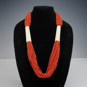 Multi-Strand Coral Beaded Necklace with Carved Spacers