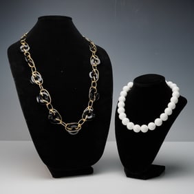 2pc Statement Necklaces, White Bead and Black Link Designs