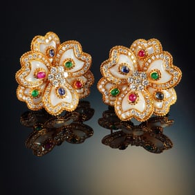 Pair of Italian 18k Yellow Gold Diamond and Precious Gemstones Earrings