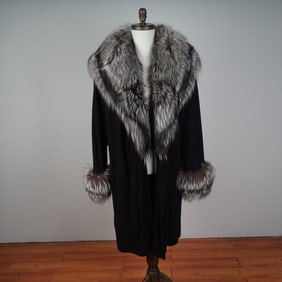 John Anthony Black Cashmere Coat with Silver Fox Fur Trim