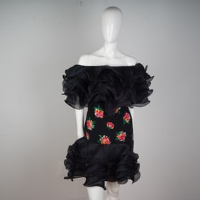 Pierre Cardin Paris Off-Shoulder Black Ruffle Dress w/ Floral Embroidery