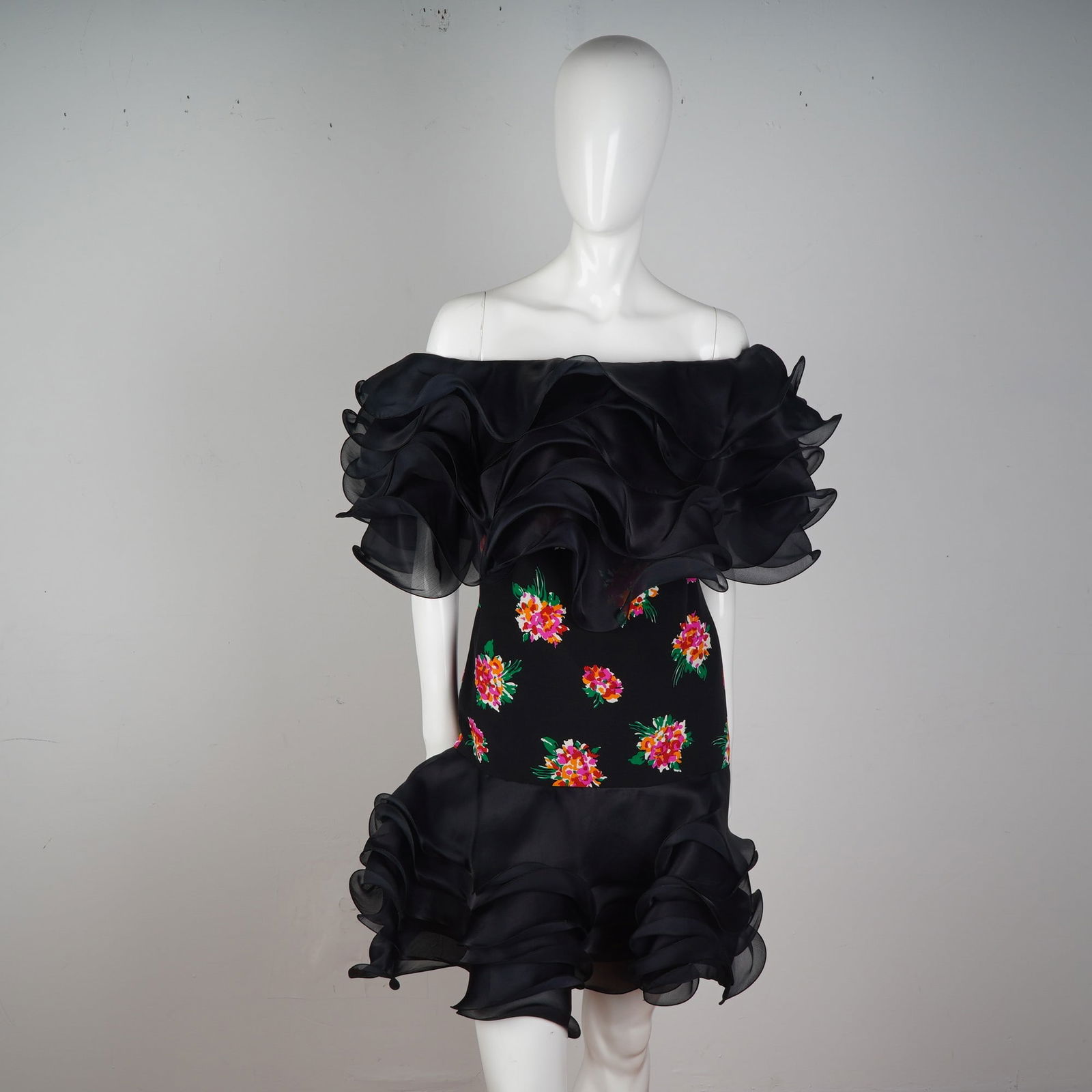 Pierre Cardin Paris Off-Shoulder Black Ruffle Dress w/ Floral Embroidery (1 of 3)