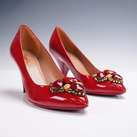 Yves Saint Laurent Red Patent Pumps with Jewel Embellishments