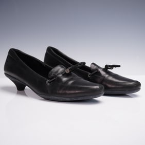 Prada Black Leather Kitten Heel Loafers with Toggle Detail