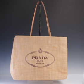 Prada Milano Raffia Tote Bag with Leather Handles