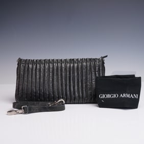 Giorgio Armani Croc Embossed Black Leather Clutch with Dust Bag and Strap