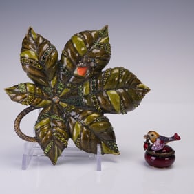 2pc Jay Strongwater Leaf Dish and Enamel Bird Ring Box