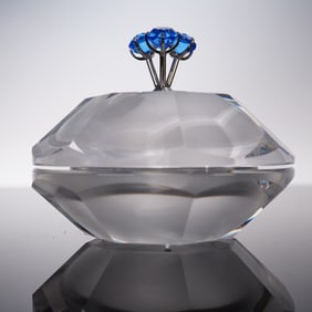 Swarovski Signed Astro Crystal Covered Box with Blue Jewel Finial