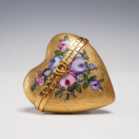 Limoges Heart-Shaped Box, Embossed Gold with Floral Bouquet