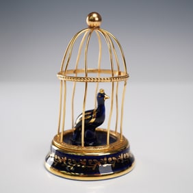 Limoges Porcelain Figurine, Peacock in Gilt Cage