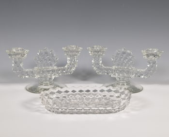 3pc Fostoria American Crystal Candleholders and Relish Dish