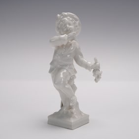 Antique KPM Berlin White Glazed Porcelain Figurine, Boy with Grapes