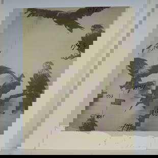 Andrei Roiter, Limited Edition Serigraph, Birds and Dates Motif, Signed: Limited edition serigraph by German-Russian artist Andrei Roiter, featuring a monochromatic image of mounted raptors in a museum setting. Overlaid with bold handwritten dates ranging from 1917 to 1991