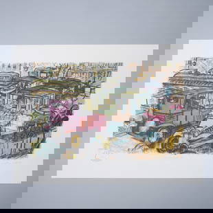 Edward Plunkett Vampire Traffic Jam, Limited Edition Print: A whimsical and detailed illustration by Edward Plunkett, depicting a bustling, chaotic city scene filled with classic automobiles, mysterious figures, and an eerie ambiance. This limited edition prin