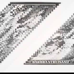 Vintage Barbra Streisand Collage Poster in Frame: A vintage black-and-white collage poster featuring multiple portraits of Barbra Streisand in various costumes and settings. The composition highlights her diverse on-screen and stage personas. The pos