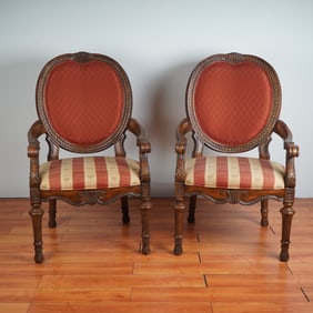 Pair of Drexel Heritage Talavera Carved Wood Armchairs Palm Tree Motif