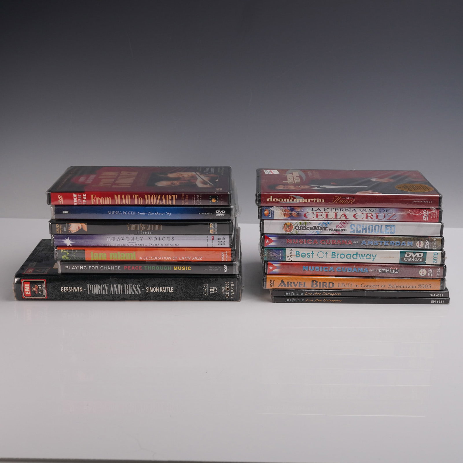 16pc Music & Performance DVD Collection: A diverse 16-piece collection of music and performance DVDs featuring celebrated vocalists, jazz greats, and global musical showcases. Highlights include From Mao to Mozart, Sarah Brightman in Concert