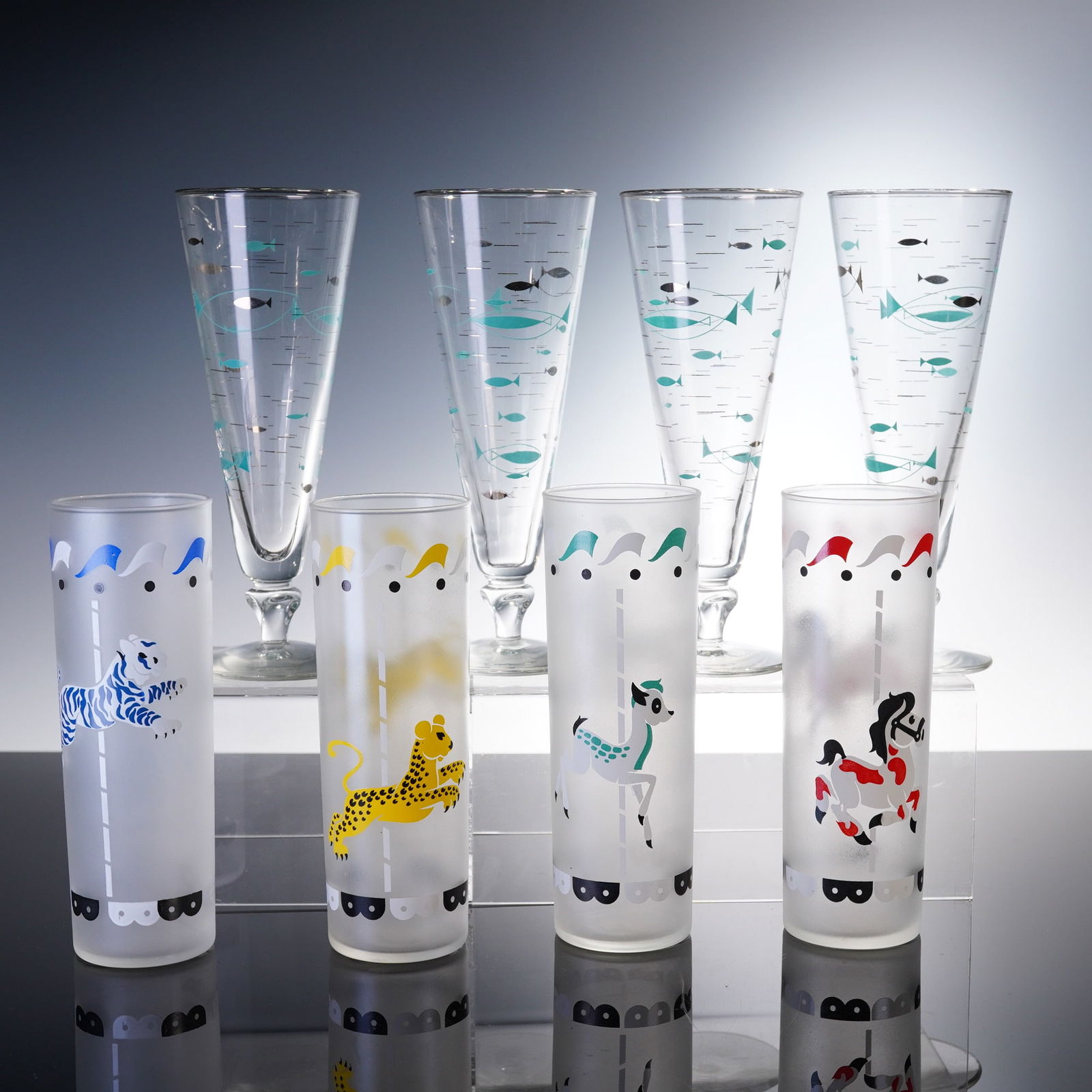 8pc Vintage-Style Tumblers & Pilsners, Mid-Century Fish & Carousel Designs (1 of 6)