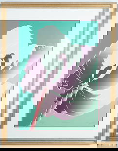 Ernst Lacy, Color Serigraph on Paper, Tulip, Signed: Striking serigraph on paper by American artist Ernst Lacy, titled Tulip, featuring a stylized close-up of a tulip in shades of green, plum, and crimson on a teal background. The bold composition exemp