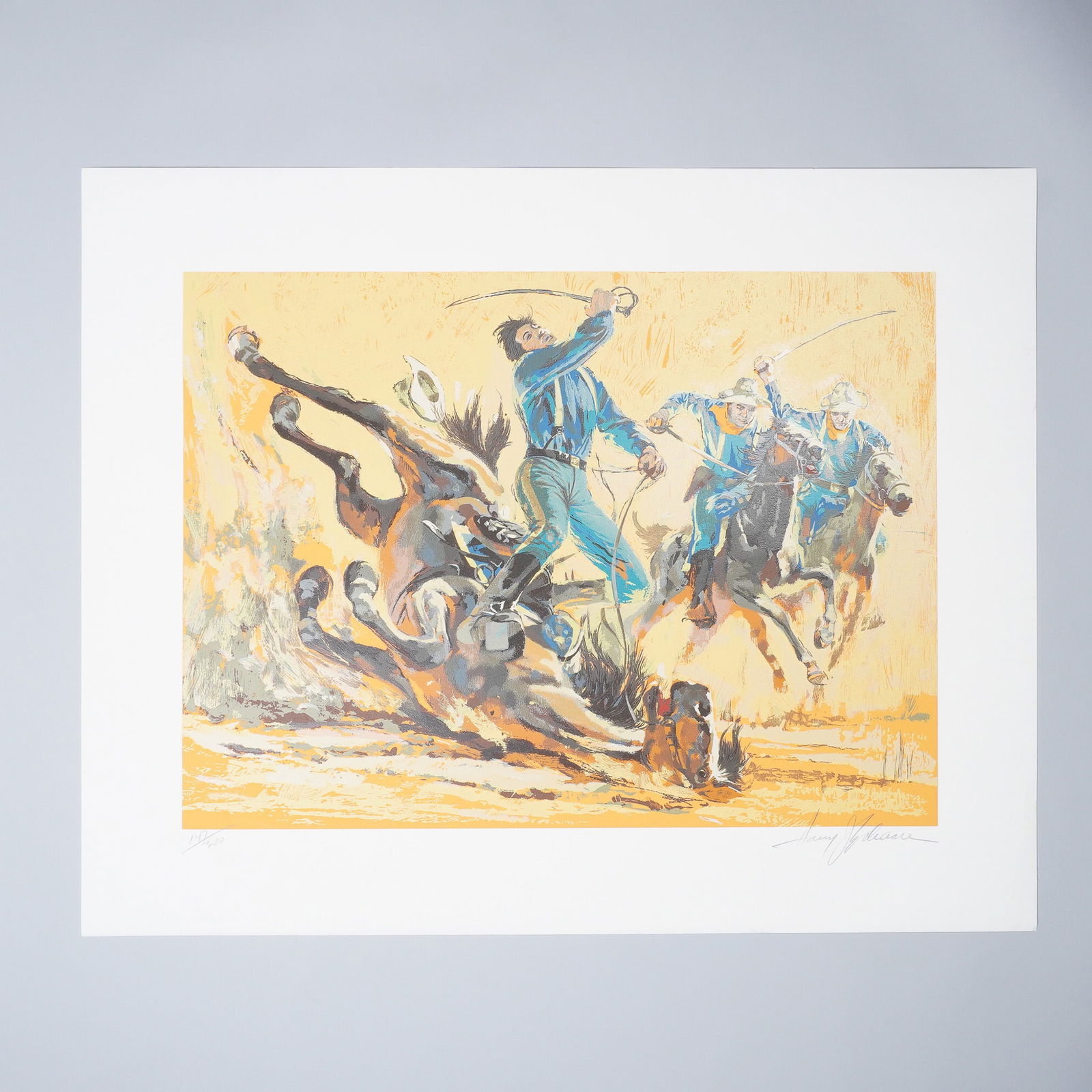 Harry Schaare Limited Edition Print, Cavalry Charge: This limited edition print, numbered 147 of 300, captures the intensity and movement of a historic cavalry charge, a defining moment of military history. Harry Schaare, known for his vivid depictions