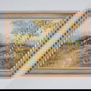 Shane, Oil on Canvas Painting, Rural Landscape, Signed: This serene oil painting captures a rustic rural scene featuring a pair of weathered houses nestled amidst a lush, golden landscape. A soft stream winds through the foreground, bordered by vibrant aut